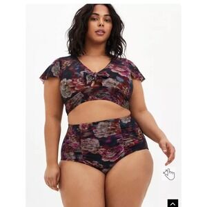 Torrid Wireless flutter sleeve Bikini top Set Ruched Bottom torn rose floral 2/3